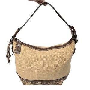 Fossil Shoulder Hobo Bag Woven Straw Fabric‎ Paisley Leather Tan Wooden Key
